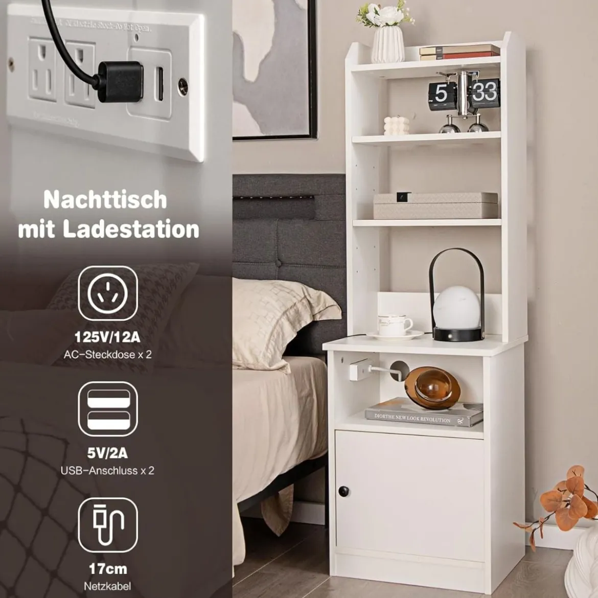 Nachttisch mit Ladefunktion Nachtschrank mit offenen Regalen und Schrank für Boxspringbett 45 x 36 x 140,5 cm Weiß