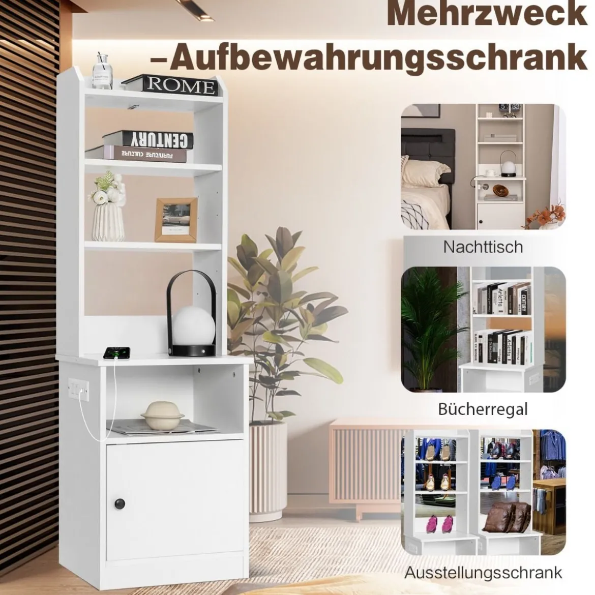Nachttisch mit Ladefunktion & Offenen Regalen & Schrank für Boxspringbett Weiß