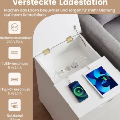Nachttisch mit Ladestation Beistelltisch mit Verstellbarem Regal Holz Nachtschrank Weiß