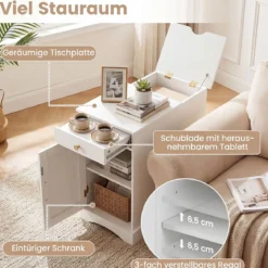 Nachttisch mit Ladestation Beistelltisch mit Verstellbarem Regal Holz Nachtschrank Weiß