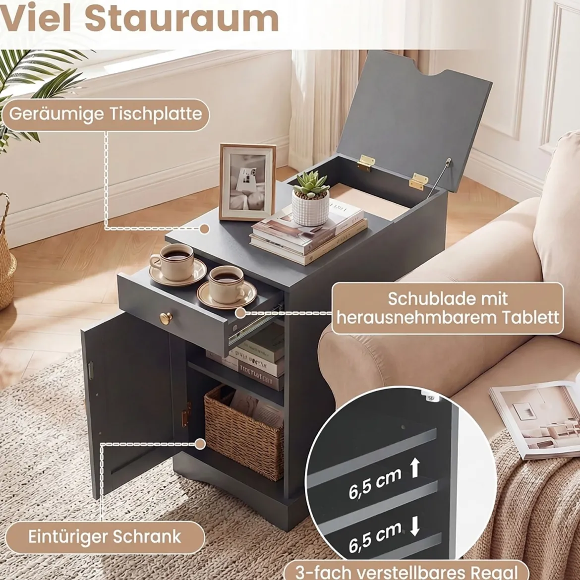 Nachttisch mit Ladestation Beistelltisch mit Verstellbarem Regal Holz Nachtschrank Grau