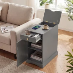 Nachttisch mit Ladestation Beistelltisch mit Verstellbarem Regal Holz Nachtschrank Grau