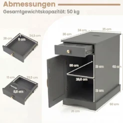 Nachttisch mit Ladestation Beistelltisch mit Verstellbarem Regal Holz Nachtschrank Grau