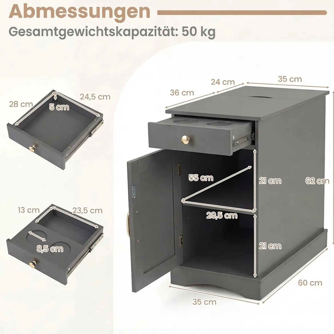 Nachttisch mit Ladestation Beistelltisch mit Verstellbarem Regal Holz Nachtschrank Grau