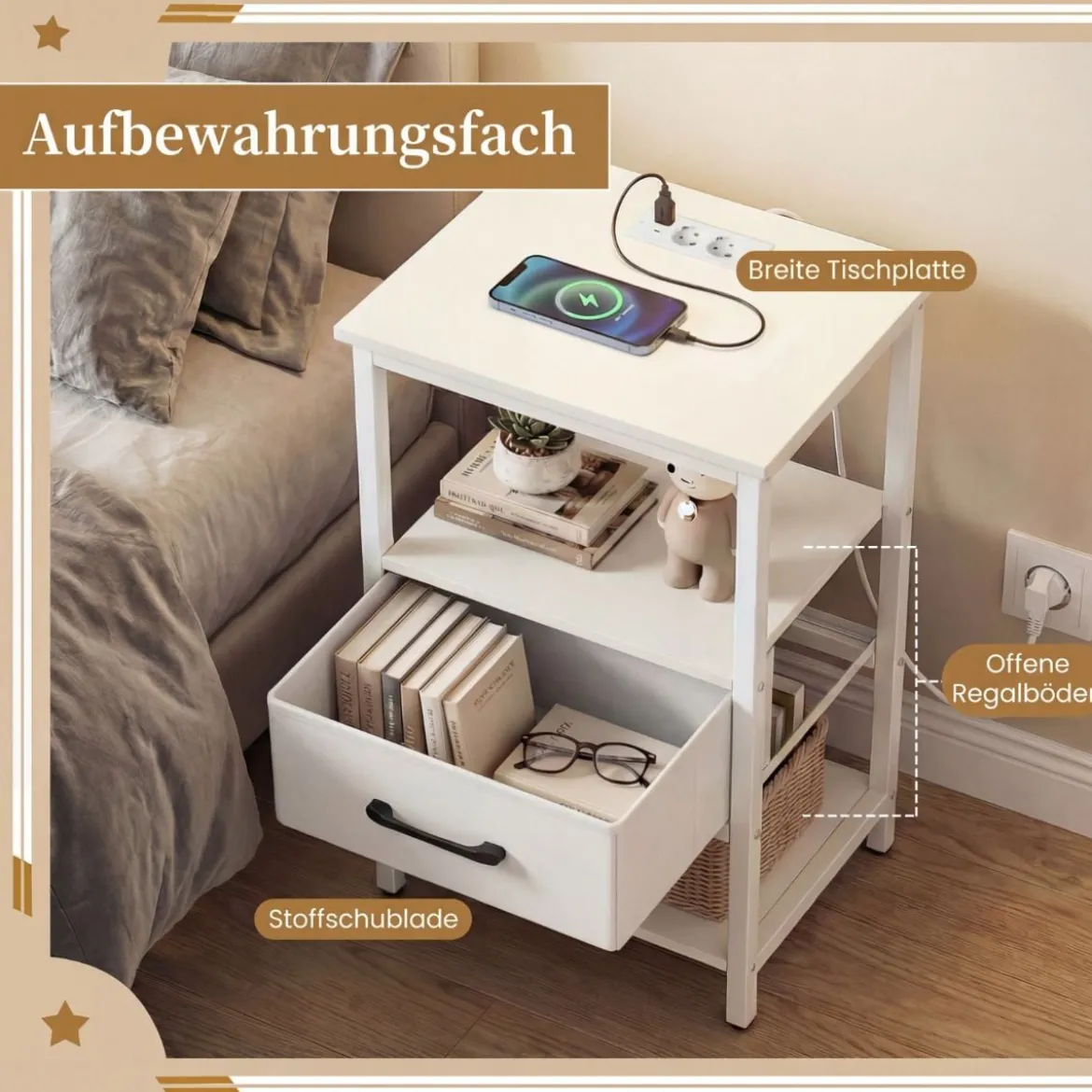 Nachttisch mit Ladestation Beistelltisch mit Stoffschublade & offenen Ablagefächern Weiß
