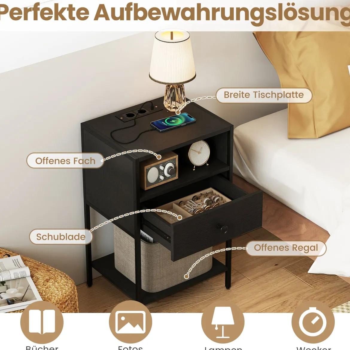 Nachttisch mit Ladestation Industrial Beistelltisch mit offenem Fach Schublade & Ablage kompakter Nachttisch Schwarz