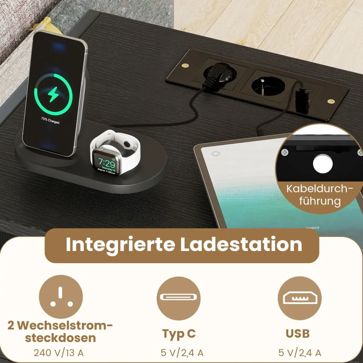 Nachttisch mit Ladestation Industrial Beistelltisch mit offenem Fach Schublade & Ablage kompakter Nachttisch Schwarz