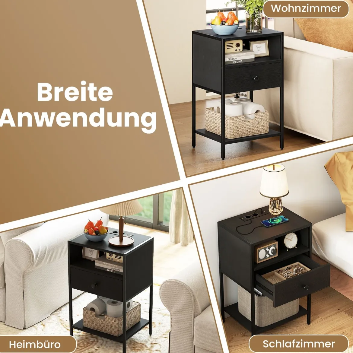 Nachttisch mit Ladestation Industrial Beistelltisch mit offenem Fach Schublade & Ablage kompakter Nachttisch Schwarz