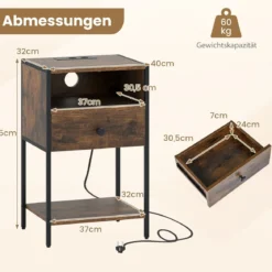 Nachttisch mit Ladestation Industrial Beistelltisch mit offenem Fach Schublade & Ablage Rustikales Braun