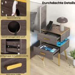 Nachttisch mit Ladestation & LED-Leuchten Nachtschrank mit 2 Schubladen 44 x 38 x 72 cm Grau
