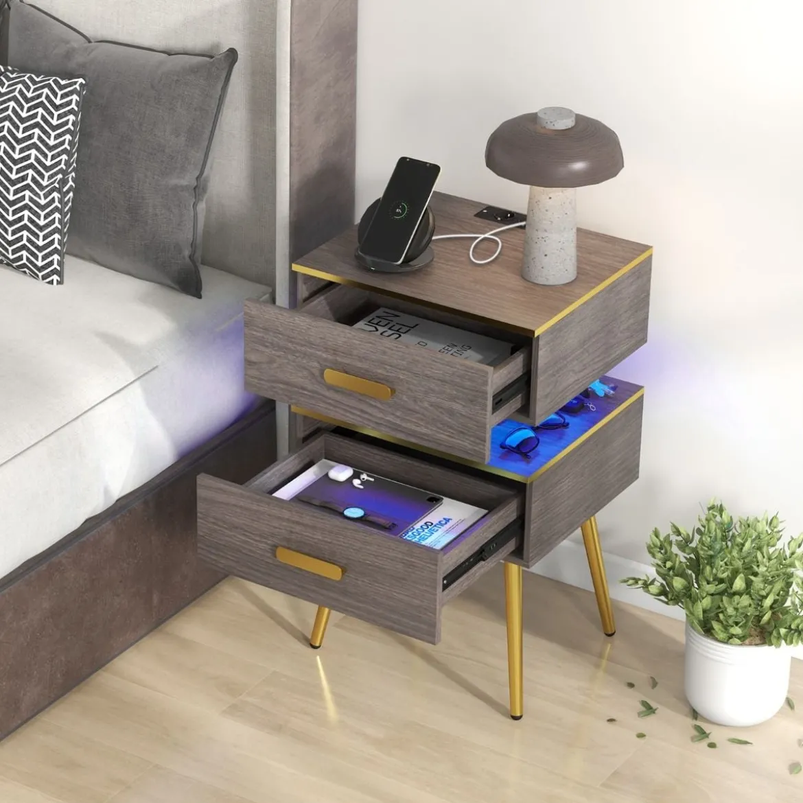 Nachttisch mit Ladestation & LED-Leuchten Nachtschrank mit 2 Schubladen 44 x 38 x 72 cm Grau