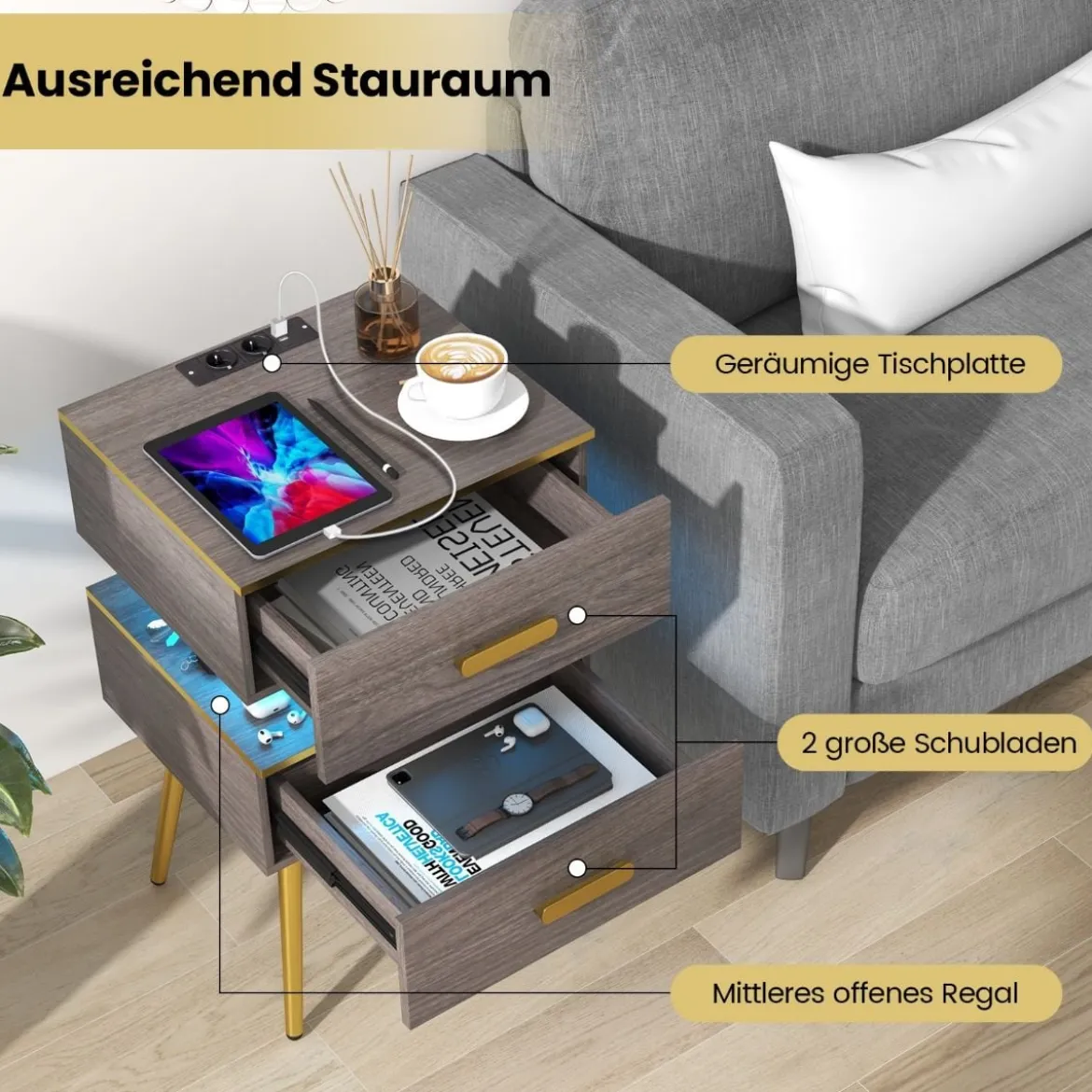 Nachttisch mit Ladestation & LED-Leuchten Nachtschrank mit 2 Schubladen 44 x 38 x 72 cm Grau