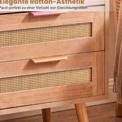 Nachttisch mit Ladestation & LED-Leuchten mit 2 Schubladen Beistelltisch mit Rattan-Optik Natur