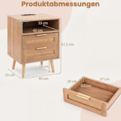 Nachttisch mit Ladestation & LED-Leuchten mit 2 Schubladen Beistelltisch mit Rattan-Optik Natur