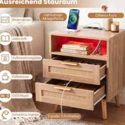 Nachttisch mit Ladestation & LED-Leuchten mit 2 Schubladen Beistelltisch mit Rattan-Optik Natur