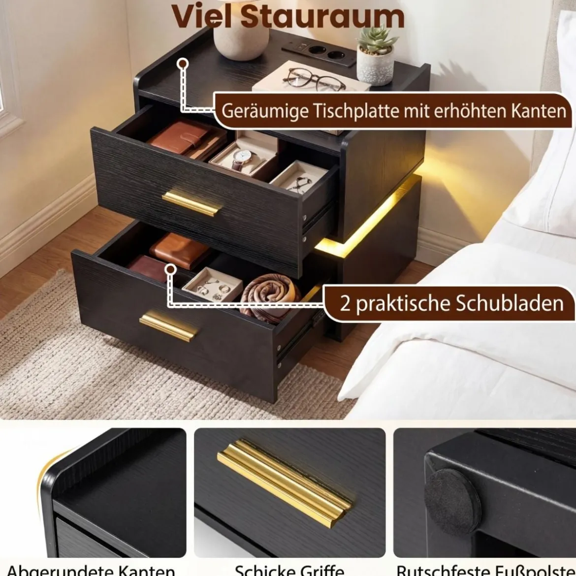 Nachttisch mit Ladestation LED-Bettisch 2 Schubladen modern halb-schwebend mit Metallfuß Schwarz
