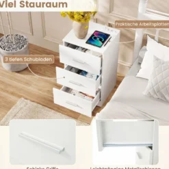 Nachttisch mit Ladestation moderner Nachtschrank mit 3 Aufbewahrungsschubladen 38 x 35 x 66 cm Weiß