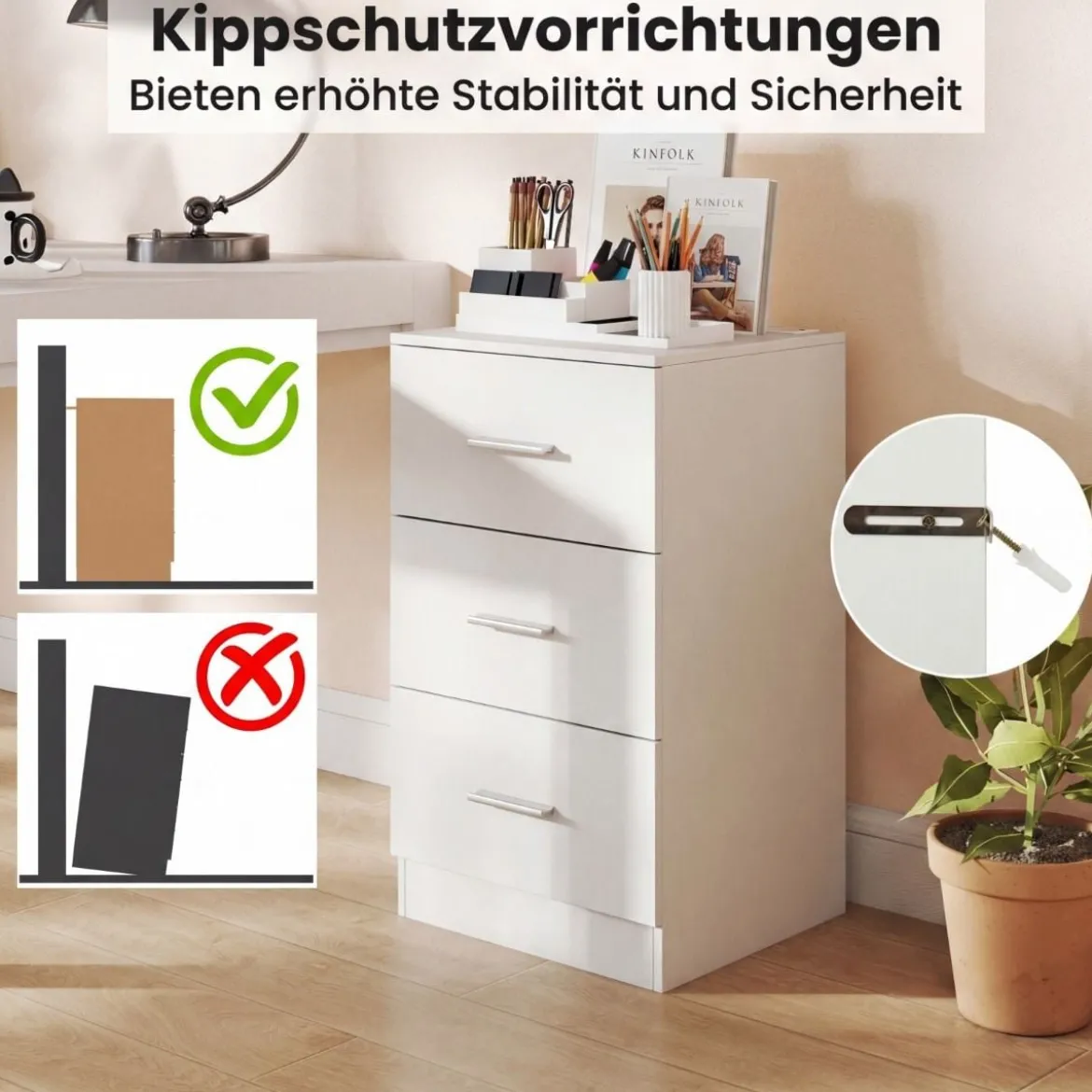 Nachttisch mit Ladestation moderner Nachtschrank mit 3 Aufbewahrungsschubladen 38 x 35 x 66 cm Weiß