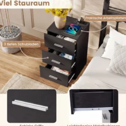 Nachttisch mit Ladestation moderner Nachtschrank mit 3 Aufbewahrungsschubladen Schwarz 38 x 35 x 66 cm