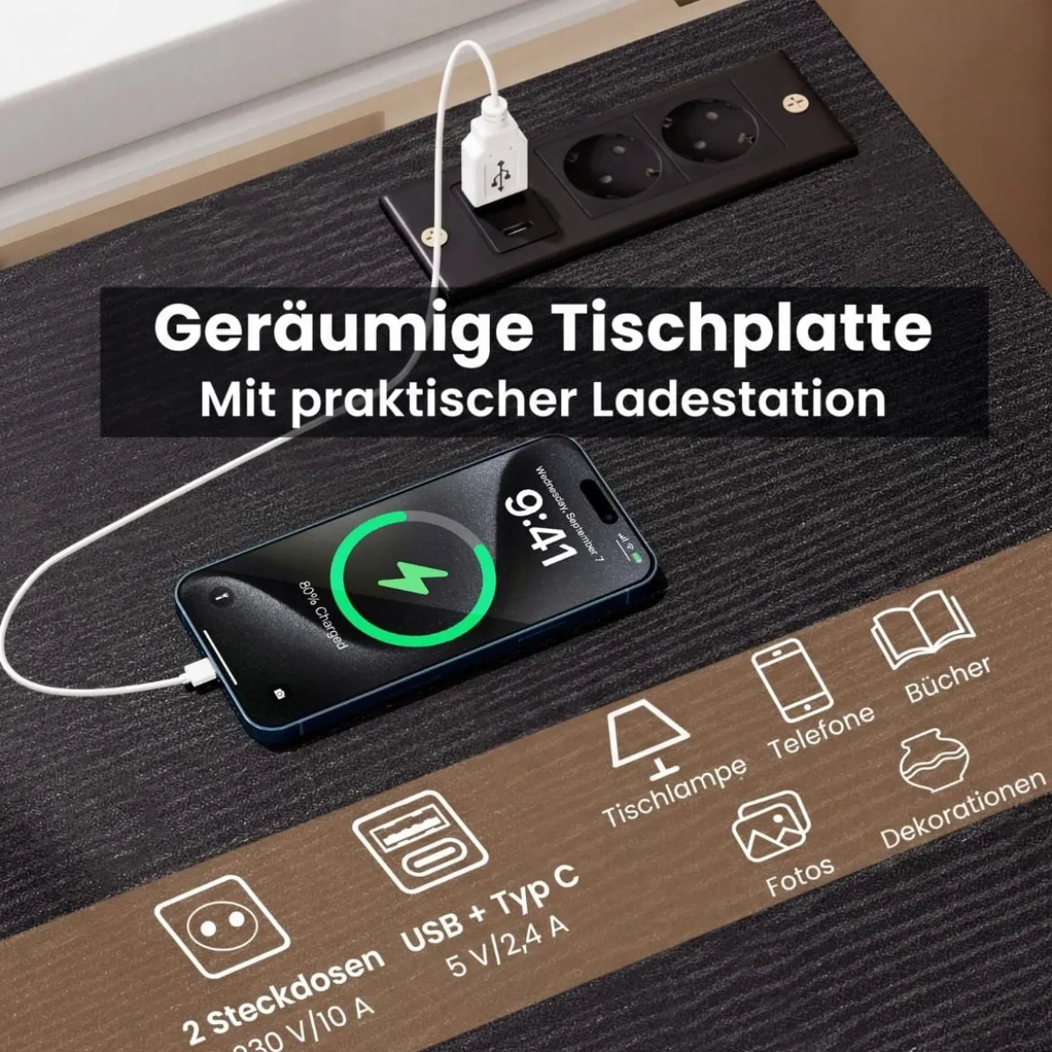 Nachttisch mit Ladestation moderner Nachtschrank mit 3 Aufbewahrungsschubladen Schwarz 38 x 35 x 66 cm