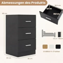 Nachttisch mit Ladestation moderner Nachtschrank mit 3 Aufbewahrungsschubladen Schwarz 38 x 35 x 66 cm