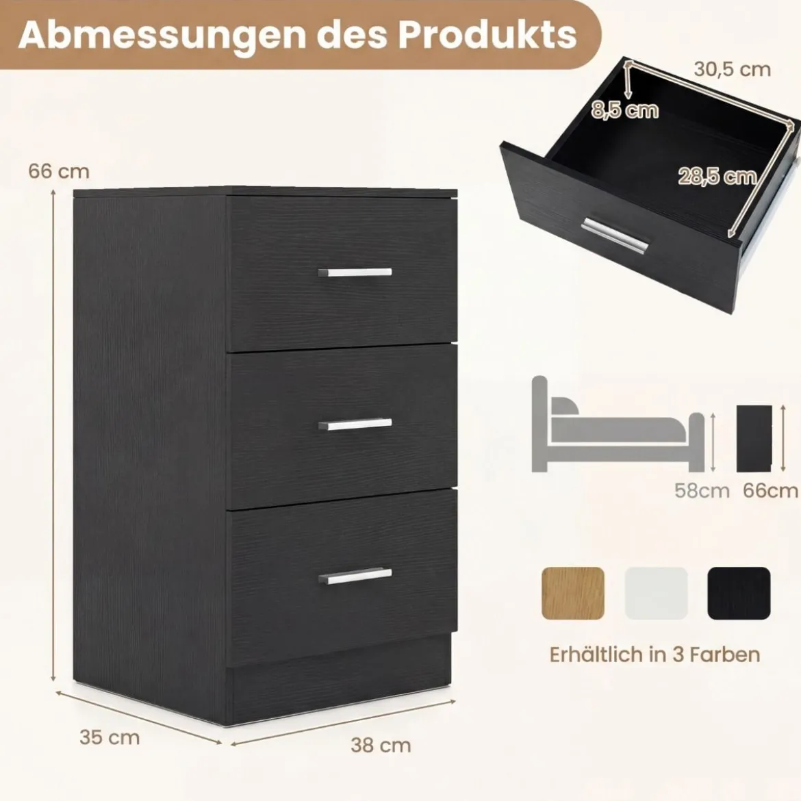 Nachttisch mit Ladestation moderner Nachtschrank mit 3 Aufbewahrungsschubladen Schwarz 38 x 35 x 66 cm