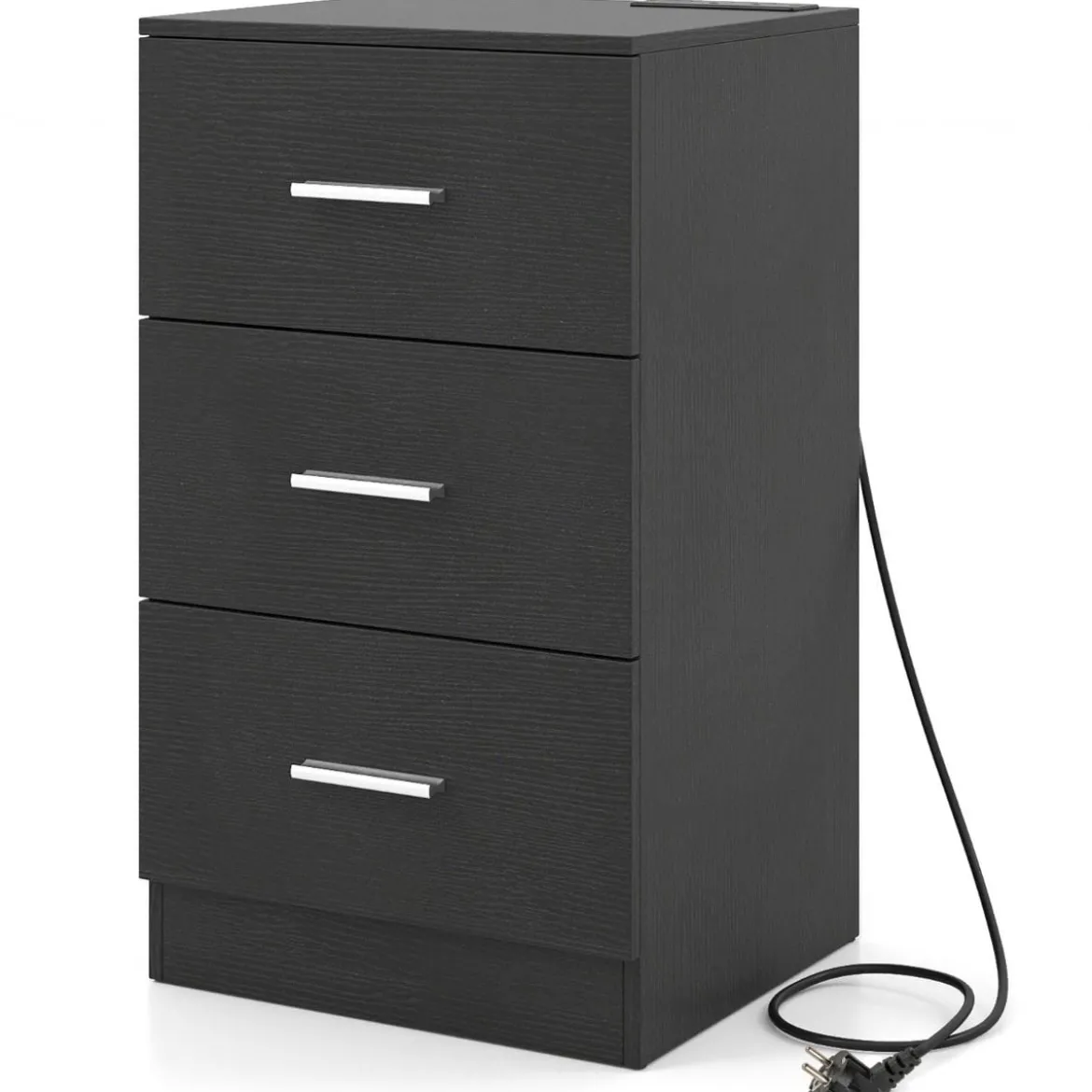Nachttisch mit Ladestation moderner Nachtschrank mit 3 Aufbewahrungsschubladen Schwarz 38 x 35 x 66 cm