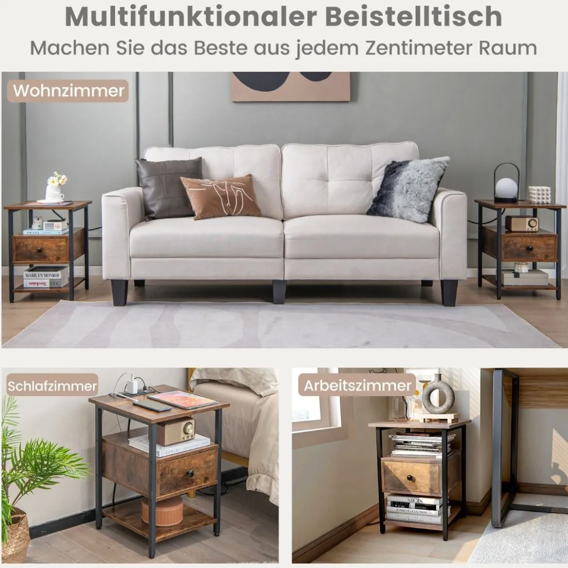 Nachttisch mit Ladestation & Schublade Nachtschrank mit offenen Ablagen 40 x 40 x 55 cm