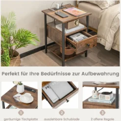 Nachttisch mit Ladestation & Schublade Nachtschrank mit offenen Ablagen 40 x 40 x 55 cm