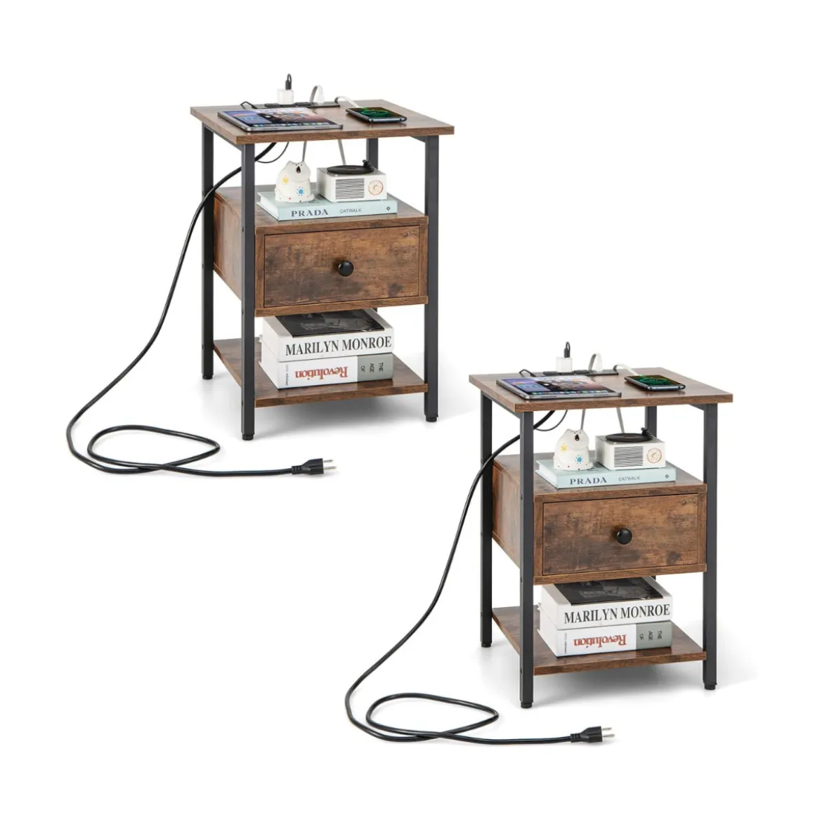 Nachttisch mit Ladestation & Schublade Nachtschrank mit offenen Ablagen 40 x 40 x 55 cm
