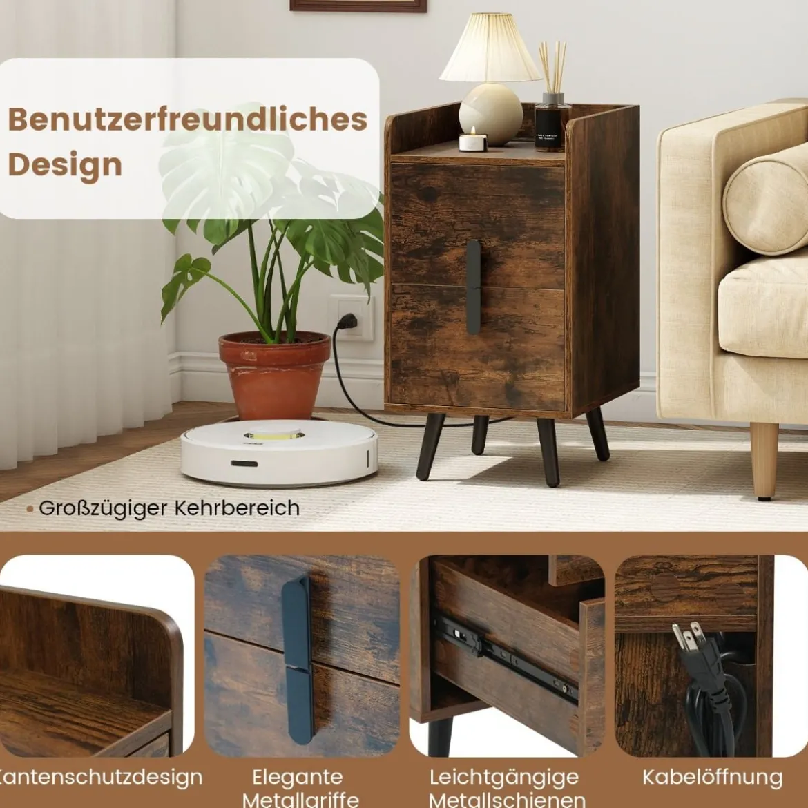 Nachttisch mit Ladestation schmaler Nachtschrank mit 2 Schubladen Beistelltisch mit Metallbeinen Rustikales Braun