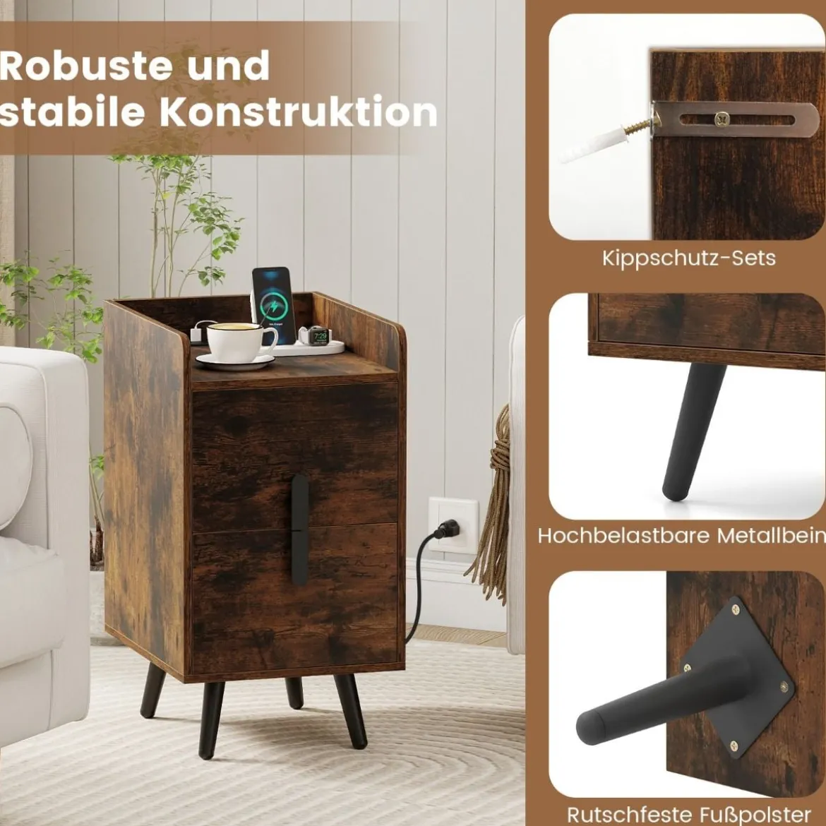 Nachttisch mit Ladestation schmaler Nachtschrank mit 2 Schubladen Beistelltisch mit Metallbeinen Rustikales Braun