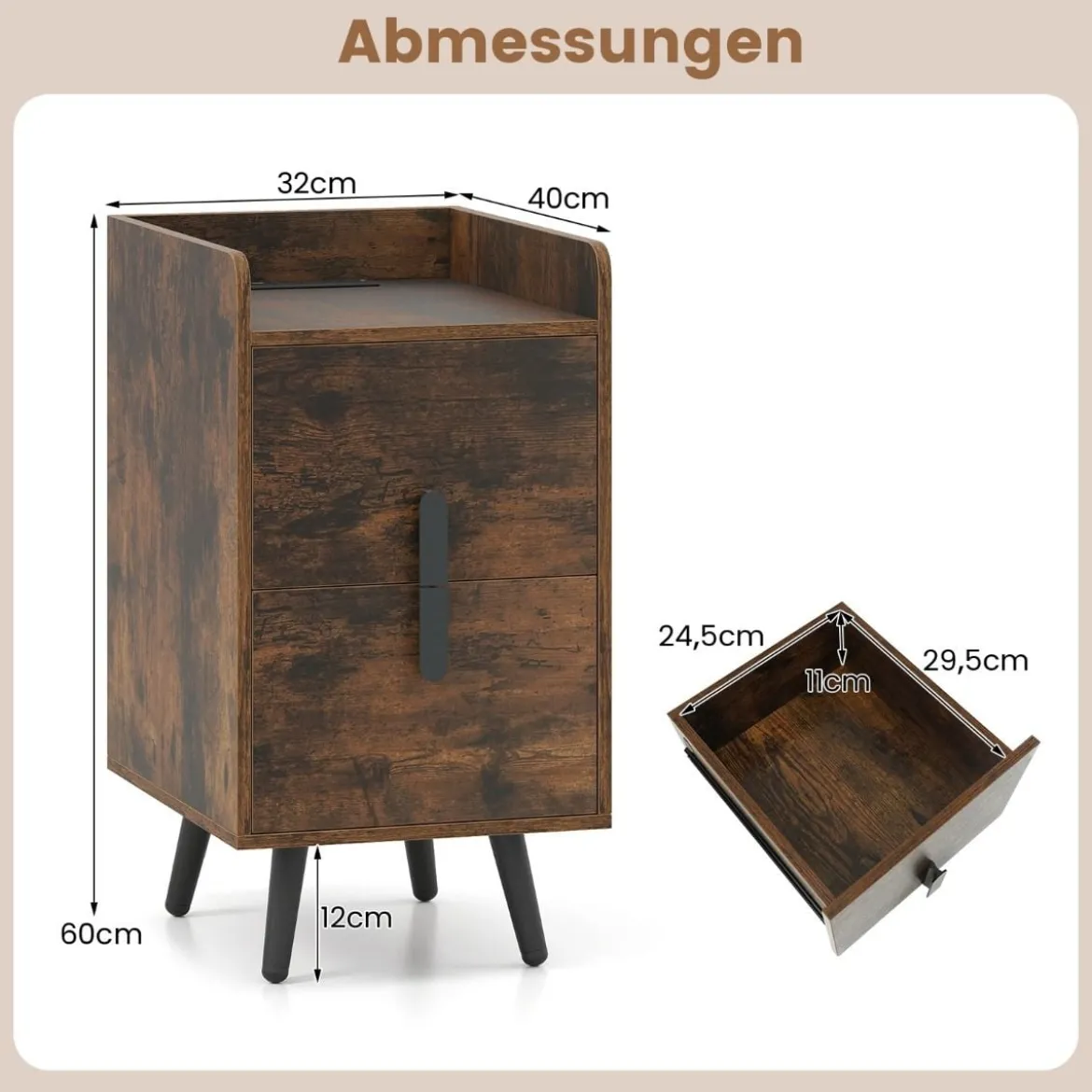 Nachttisch mit Ladestation schmaler Nachtschrank mit 2 Schubladen Beistelltisch mit Metallbeinen Rustikales Braun
