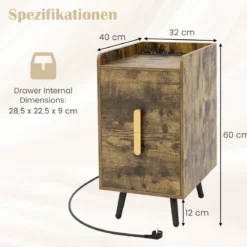 Nachttisch mit Ladestation schmaler Nachtschrank mit 2 Schubladen & USB-Anschlüssen 40 x 32 x 60 cm Rustikales Braun