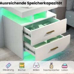 Nachttisch mit LED-Beleuchtung Nachtschrank Beistelltisch mit 2 Schubladen 50 x 40 x 58 cm Schwarz/Weiß
