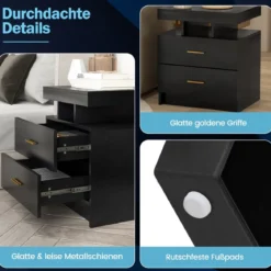 Nachttisch mit LED-Beleuchtung Nachtschrank Beistelltisch mit 2 Schubladen 50 x 40 x 58 cm Schwarz/Weiß