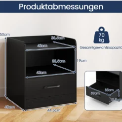 Nachttisch mit LED-Beleuchtung & Offenem Fach & Schublade Beistelltisch Nachtschrank Schwarz