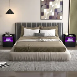 Nachttisch mit LED-Beleuchtung & Offenem Fach & Schublade Beistelltisch Nachtschrank Schwarz