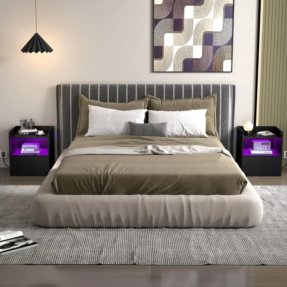 Nachttisch mit LED-Beleuchtung & Offenem Fach & Schublade Beistelltisch Nachtschrank Schwarz