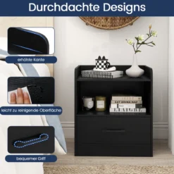 Nachttisch mit LED-Beleuchtung & Offenem Fach & Schublade Beistelltisch Nachtschrank Schwarz