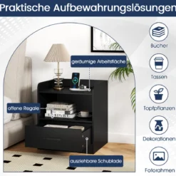 Nachttisch mit LED-Beleuchtung & Offenem Fach & Schublade Beistelltisch Nachtschrank Schwarz
