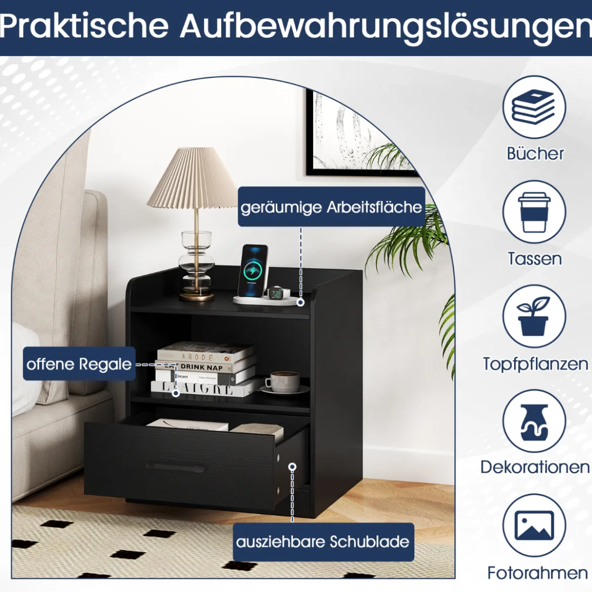 Nachttisch mit LED-Beleuchtung & Offenem Fach & Schublade Beistelltisch Nachtschrank Schwarz