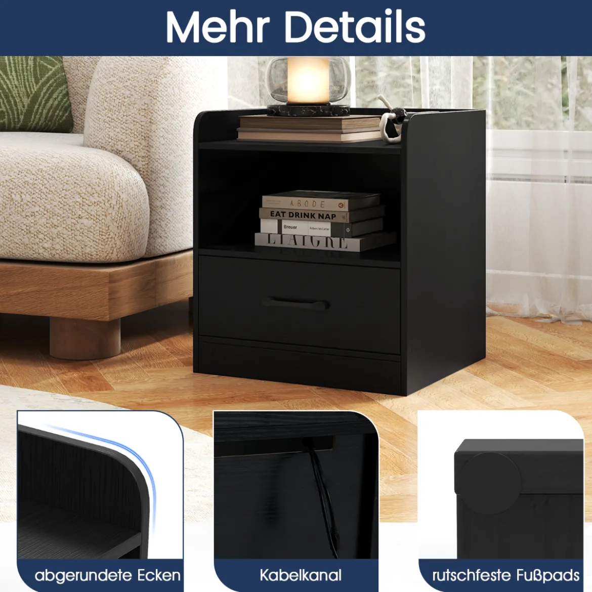 Nachttisch mit LED-Beleuchtung & Offenem Fach & Schublade Beistelltisch Nachtschrank Schwarz