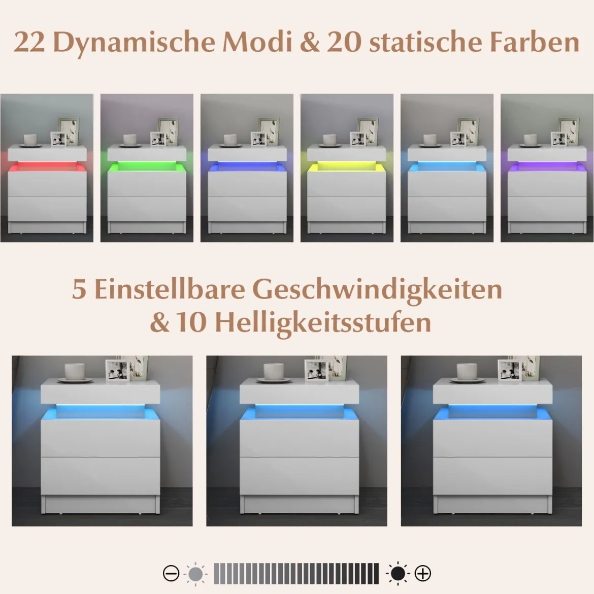 Nachttisch mit LED-Leuchten Nachtkommode mit 2 Schubladen moderner Beistelltisch Weiß