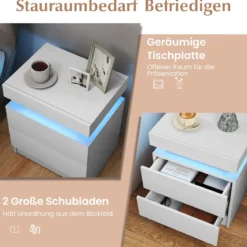 Nachttisch mit LED-Leuchten Nachtkommode mit 2 Schubladen moderner Beistelltisch Weiß