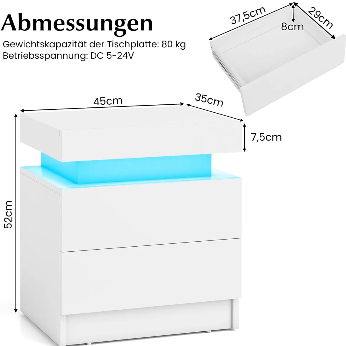 Nachttisch mit LED-Leuchten Nachtkommode mit 2 Schubladen moderner Beistelltisch Weiß