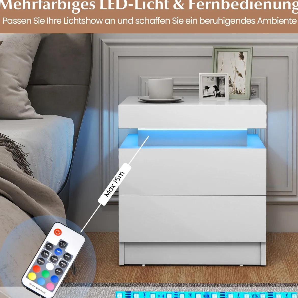 Nachttisch mit LED-Leuchten Nachtkommode mit 2 Schubladen moderner Beistelltisch Weiß