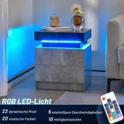 Nachttisch mit LED-Leuchten & 2 Schubladen & Fernbedienung Nachtschrank 45 x 35 x 52cm Grau
