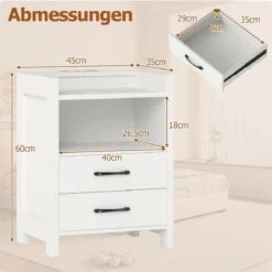 Nachttisch mit LED-Lichtern & Ladestation Nachtschrank mit 2 Schubladen & offenem Ablagefach Beistelltisch Weiß 45 x 35 x 60 cm