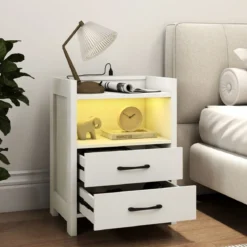 Nachttisch mit LED-Lichtern & Ladestation Nachtschrank mit 2 Schubladen & offenem Ablagefach Beistelltisch Weiß 45 x 35 x 60 cm